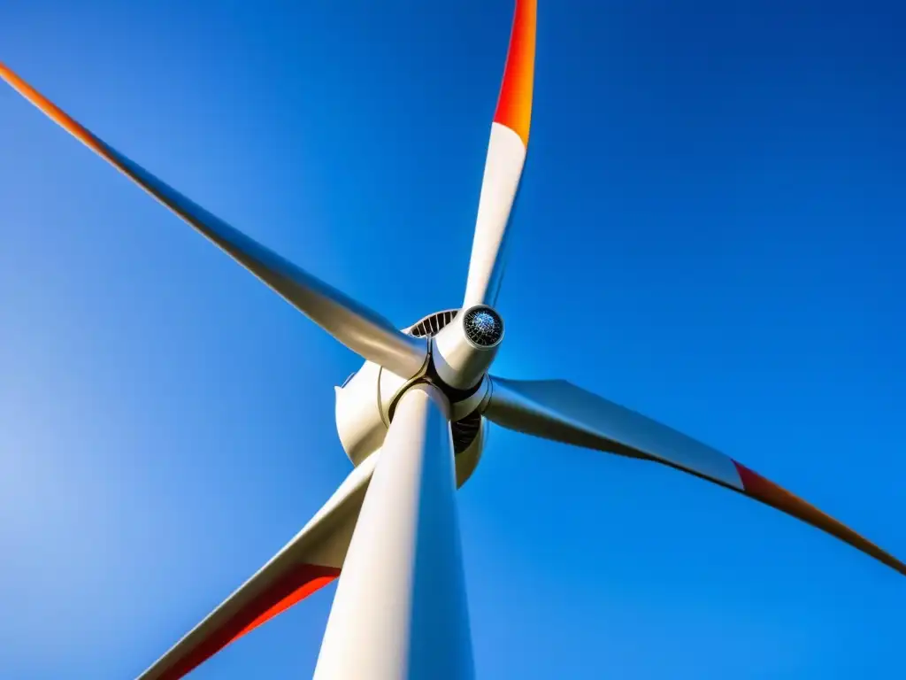 Un molino de viento futurista y elegante gira sus aspas en un cielo azul claro, destacando su tecnología limpia