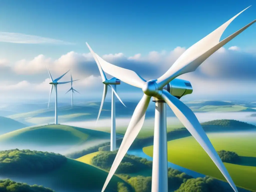 Turbinas eólicas futuristas: fusión de AI y energía limpia Un molino de viento futurista integrado con inteligencia artificial, en un paisaje verde y cielo azul