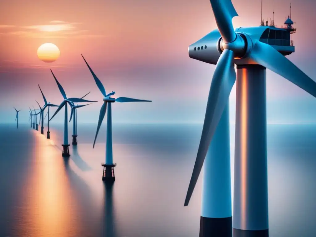 Un molino de viento en el mar al atardecer, reflejando su estructura en el agua, con colores cálidos