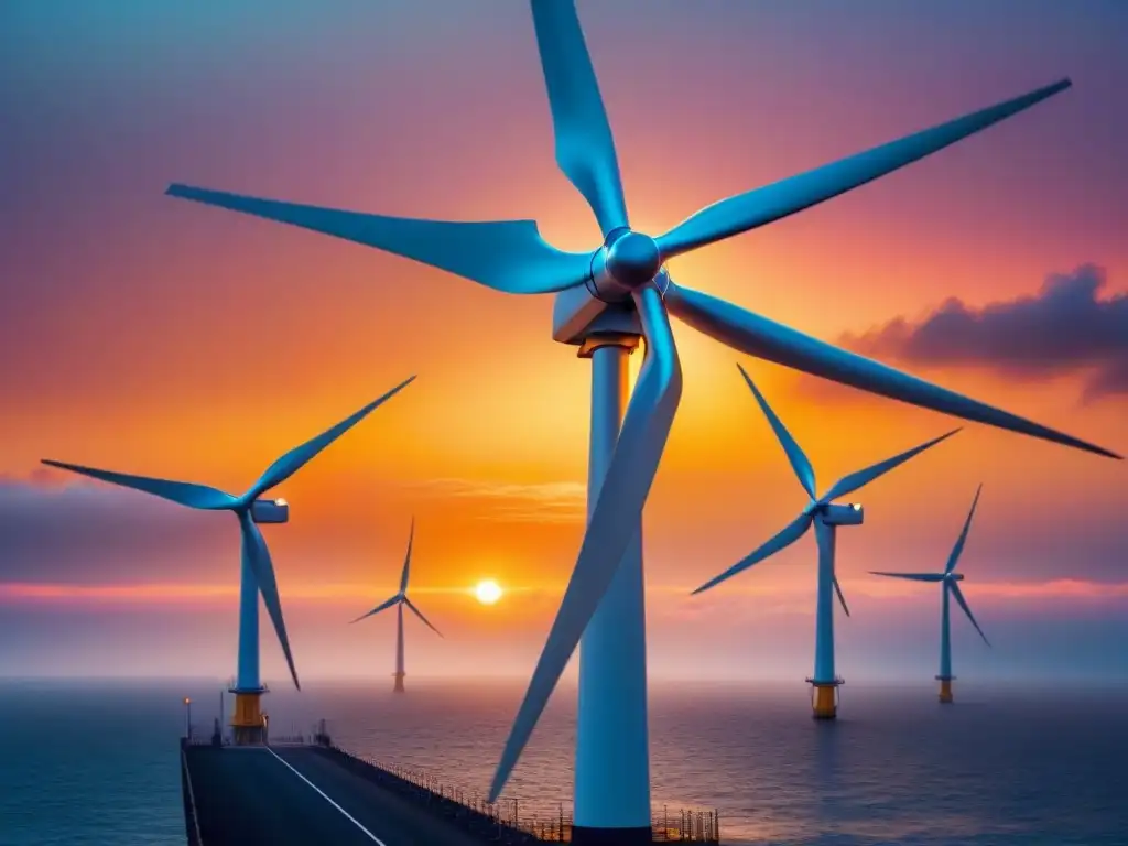 Un molino de viento marino futurista en un atardecer vibrante en el mar