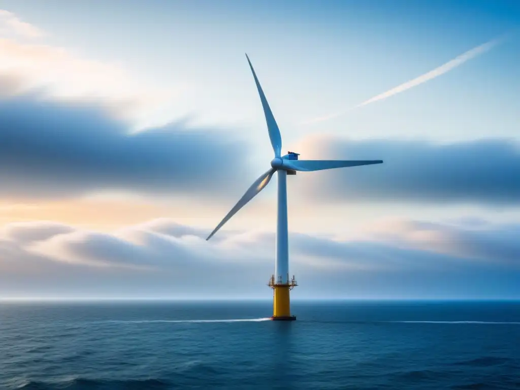 Un molino de viento marino moderno y elegante emerge del océano, en armonía con la naturaleza y las regulaciones energía eólica offshore