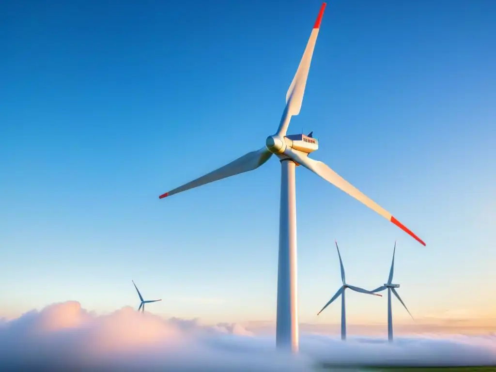 Un molino de viento moderno se alza alto contra el cielo azul, sus aspas giran lentamente