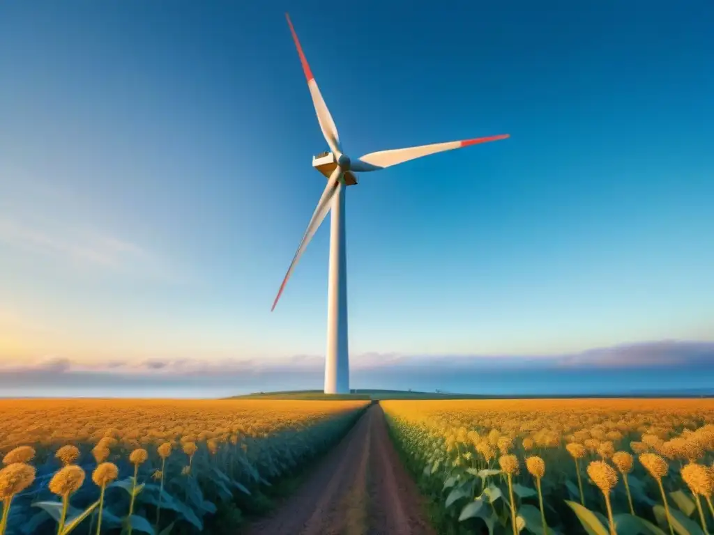 Un molino de viento moderno destaca en un campo lleno de flores silvestres bajo el sol dorado