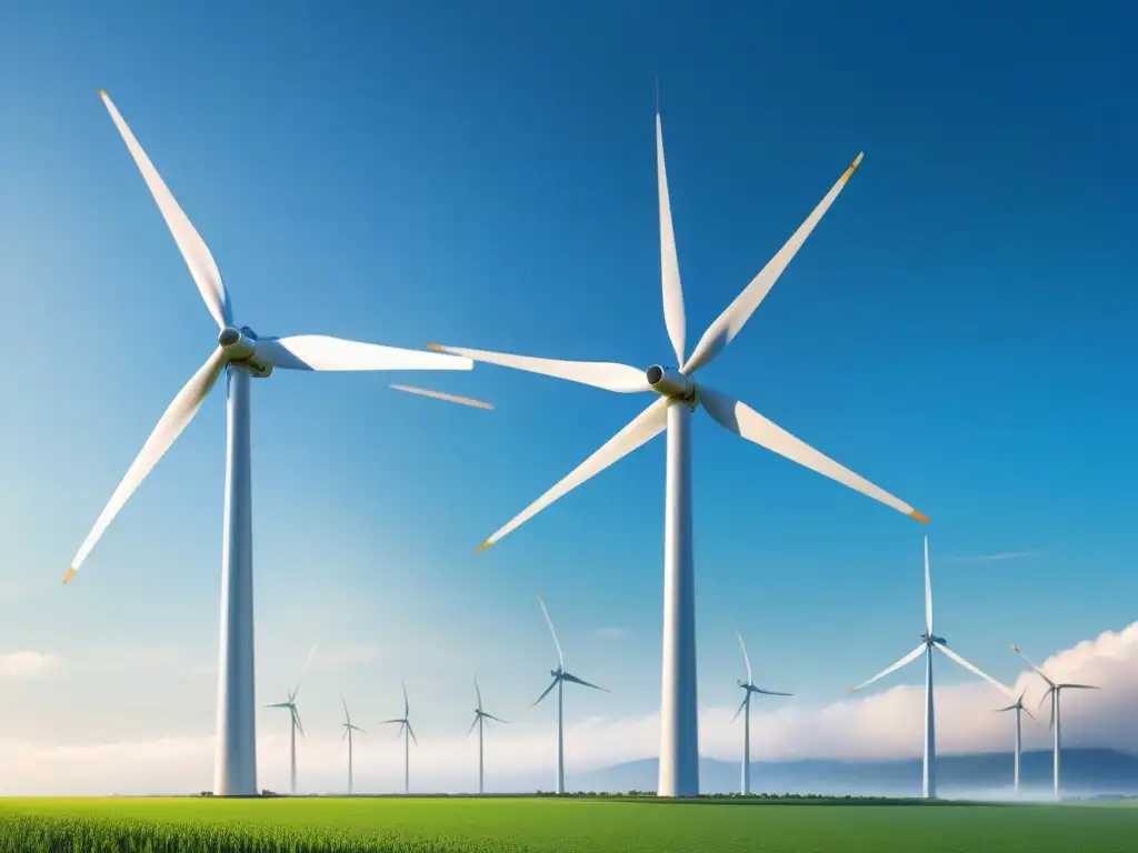 Un molino de viento moderno destaca en un campo verde, girando sus aspas bajo un cielo azul claro