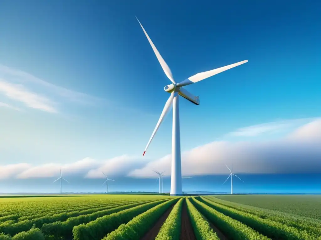 Un molino de viento moderno se alza elegantemente sobre campos verdes, con sus aspas blancas girando en armonía