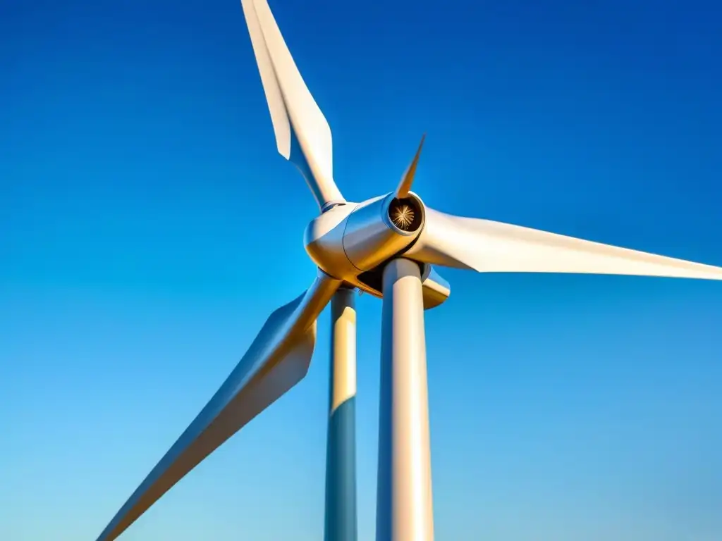 Un molino de viento moderno destaca en el cielo azul, sus aspas giran con elegancia