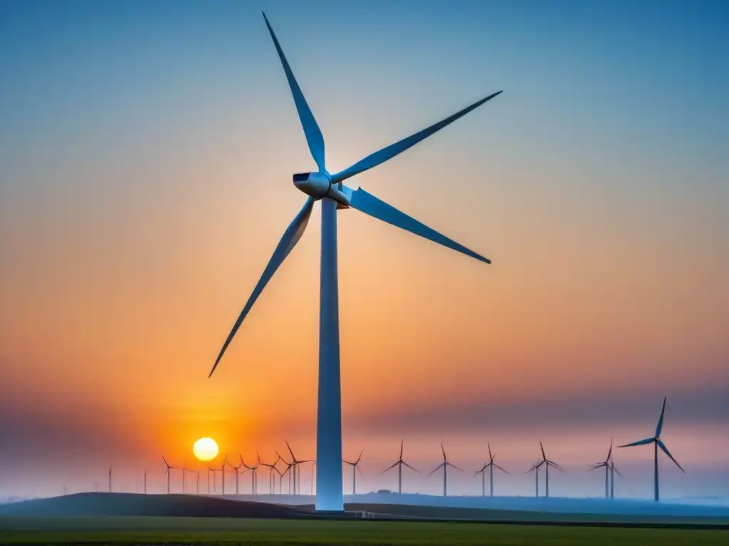 Un molino de viento moderno destaca contra el cielo azul, con el sol poniéndose al fondo