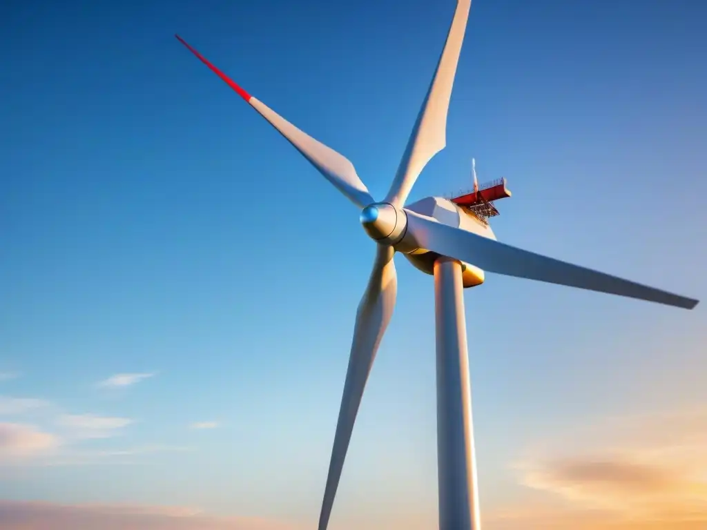 Un molino de viento moderno y elegante se alza contra un cielo azul, con el sol poniéndose al fondo en una luz dorada cálida