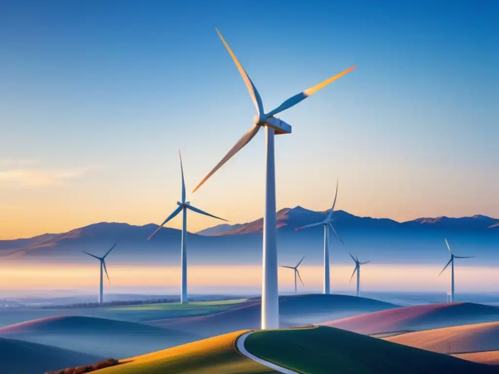 Un molino de viento moderno y elegante destaca en un campo amplio al atardecer, transmitiendo la esencia de los fondos energías renovables inversor