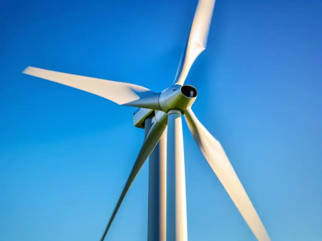 Un molino de viento moderno y elegante destaca contra el cielo azul, simbolizando la minería sostenible beneficios industrias