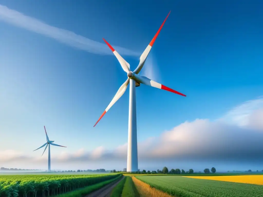 Un molino de viento moderno y elegante destaca entre campos verdes, simbolizando el diseño industrial más verde