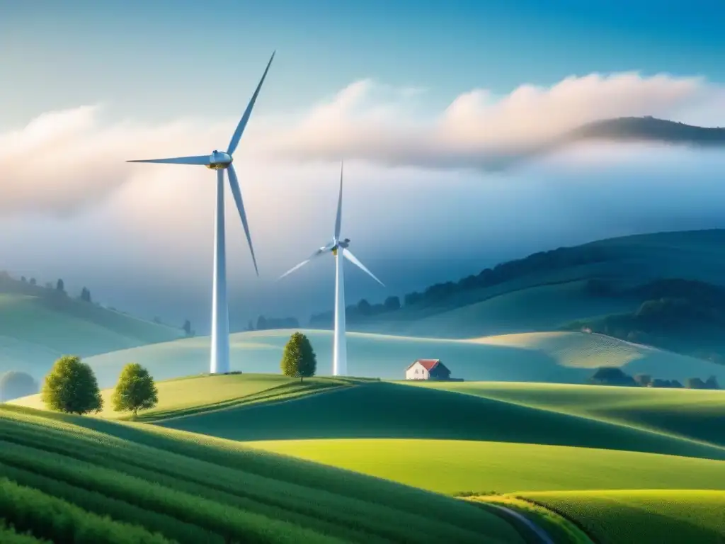 Un molino de viento moderno destaca en el paisaje, girando sus aspas blancas frente a un cielo azul