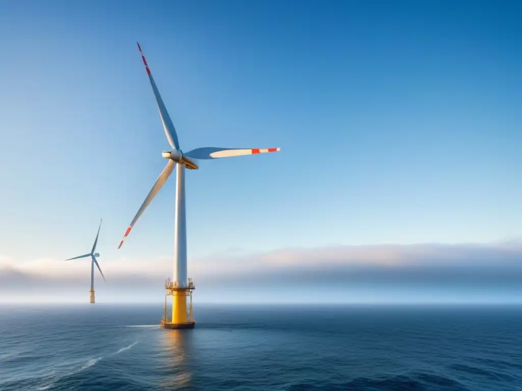 Un molino de viento offshore moderno en un vasto océano, simbolizando la generación de energía eólica en un ambiente sereno