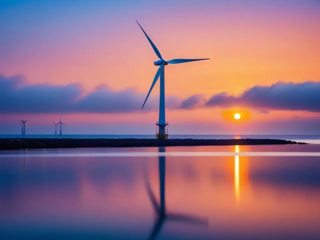 Un molino de viento offshore resplandeciente en el atardecer, reflejando en el mar en calma