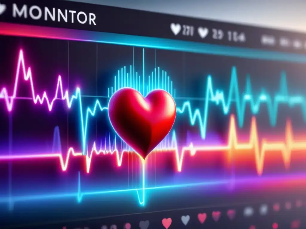 Monitor cardíaco digital detallado en vibrantes colores, enfatizando la tecnología avanzada y la IA en cardiología