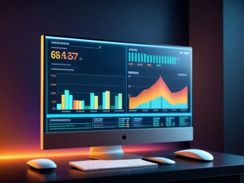 Monitor futurista con datos de gestión de proyectos y gráficos coloridos