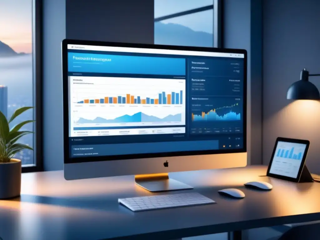 Monitor moderno muestra software gestión proyectos impacto financiero en diseño minimalista