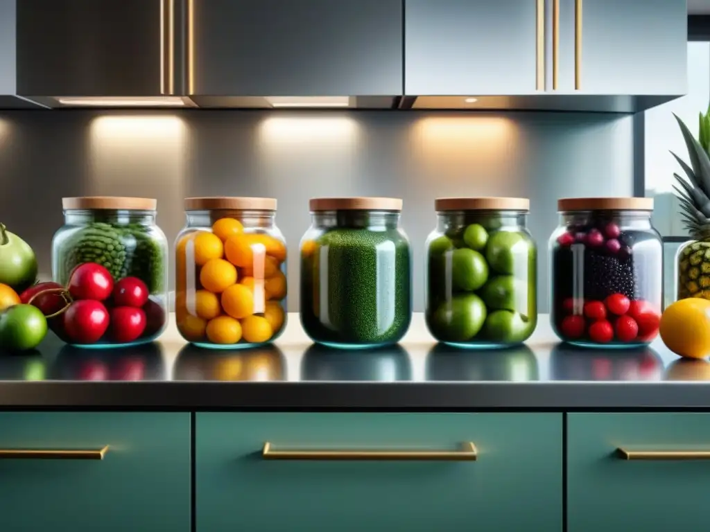 Un mostruario de alimentos funcionales para rendimiento deportivo en una cocina moderna y luminosa