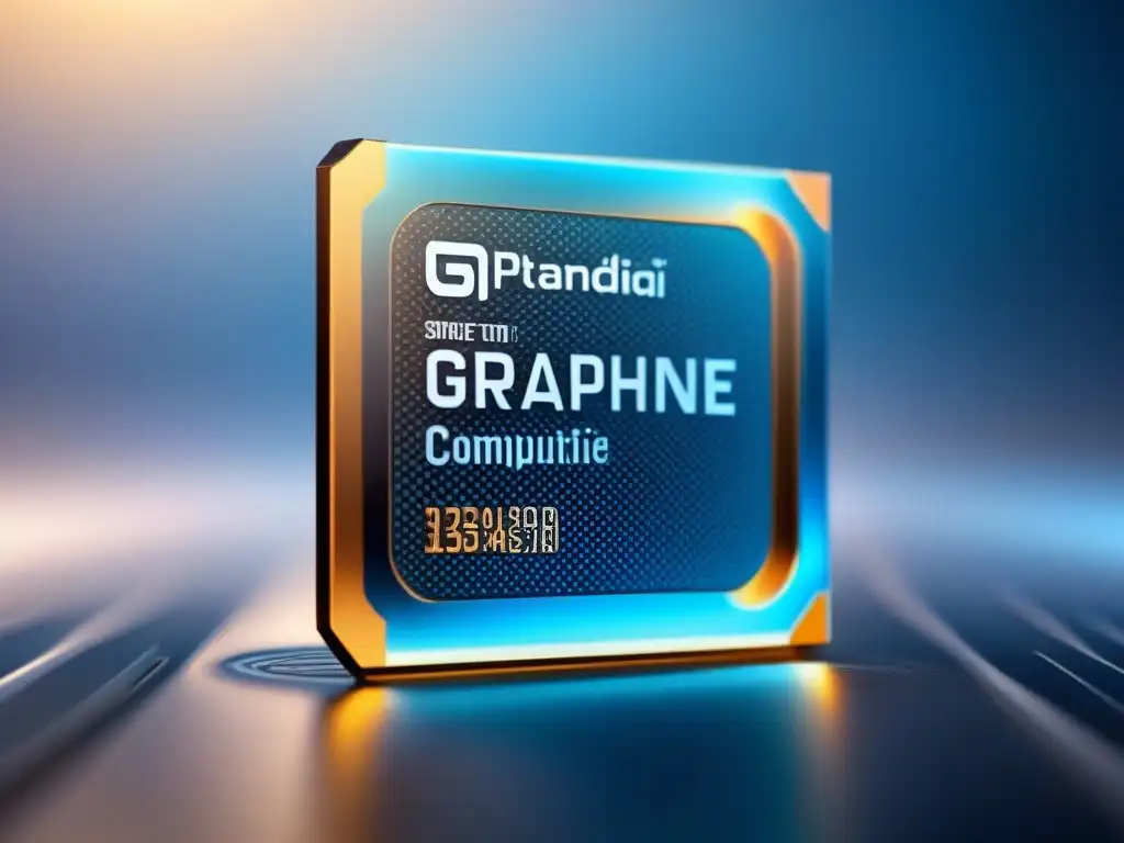 Una muestra en 8k de un chip futurista recubierto de grafeno, destacando sus propiedades térmicas para la refrigeración de dispositivos