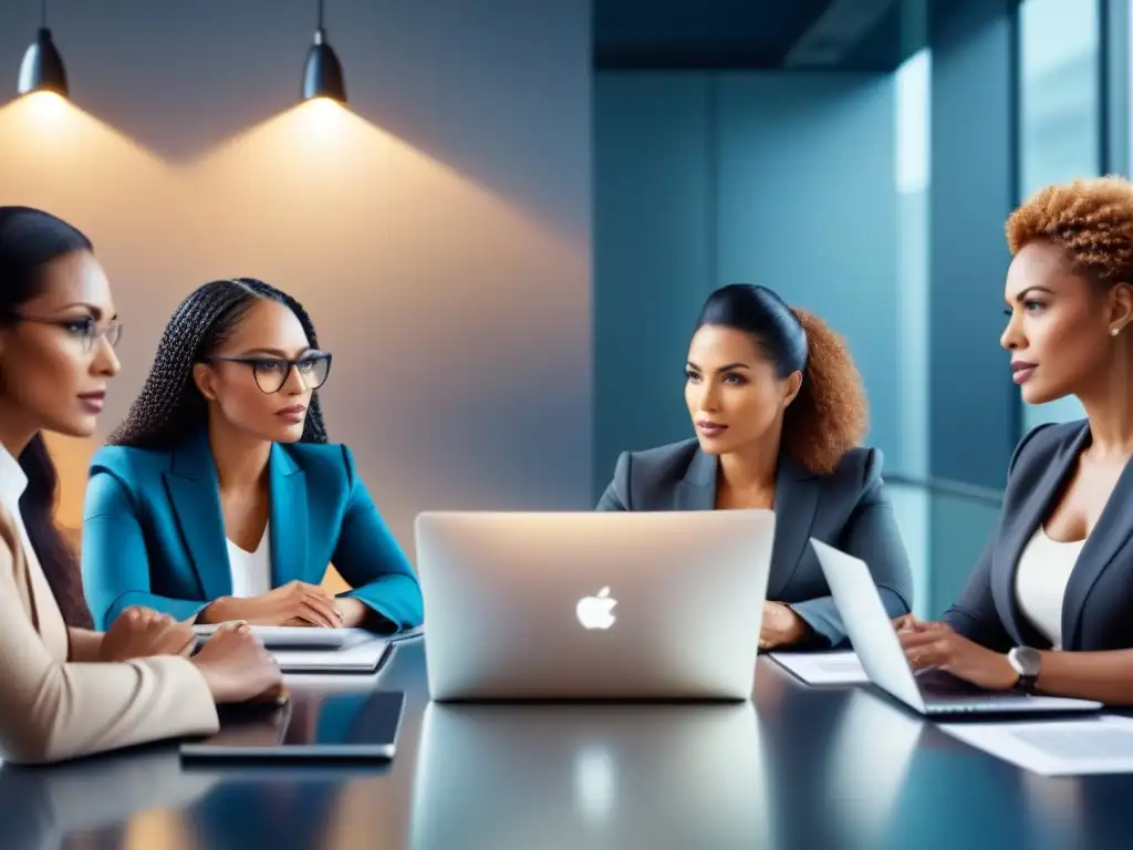 Mujeres en tecnología, capital riesgo: Emprendedoras diversas en intensa discusión alrededor de una mesa moderna, laptops y documentos financieros