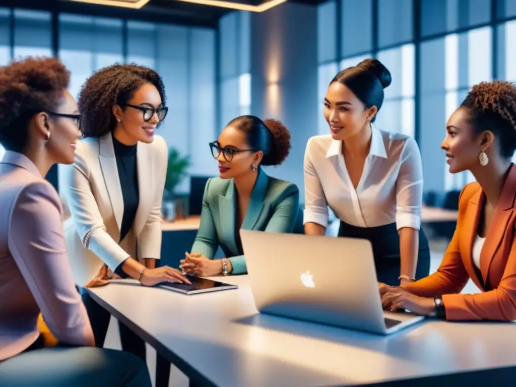 Mujeres en tecnología lideran reunión en oficina moderna de startup, reflejando colaboración e innovación en el capital riesgo