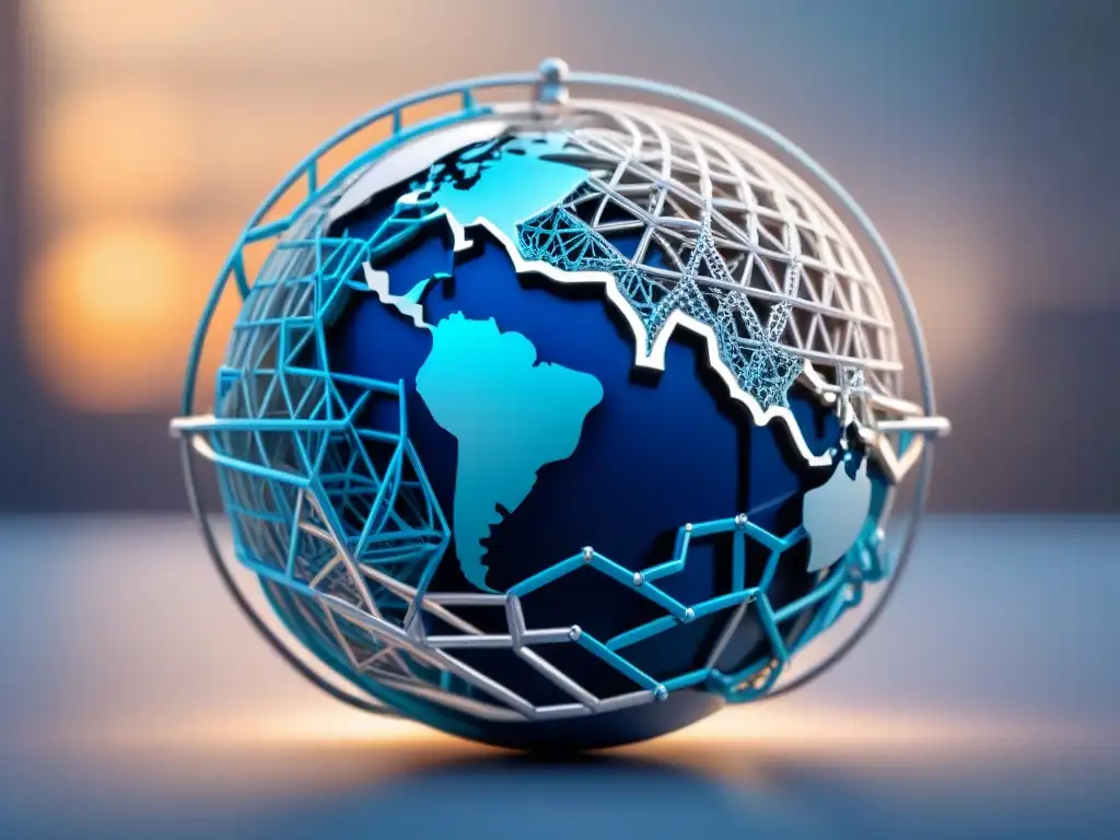Interconexión global segura: ilustración blockchain en azul y plata El mundo conectado por cadenas blockchain, simbolizando la fluidez y seguridad en el comercio internacional y aduanas