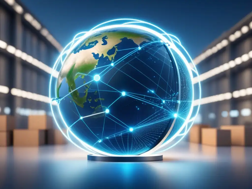 Red Global Futurista: Logística Inteligente y Eficiente Un mundo conectado por datos digitales y algoritmos de IA, representando la integración de inteligencia artificial en logística global