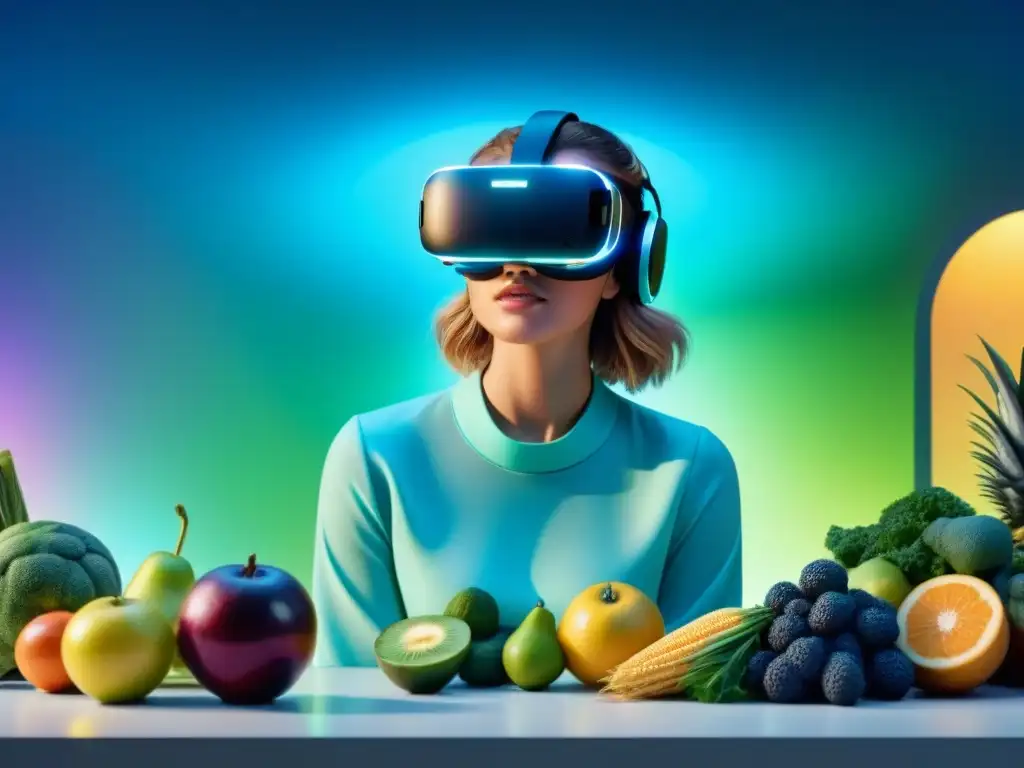 Un mundo digital de alimentos holográficos en un visor de realidad aumentada futurista
