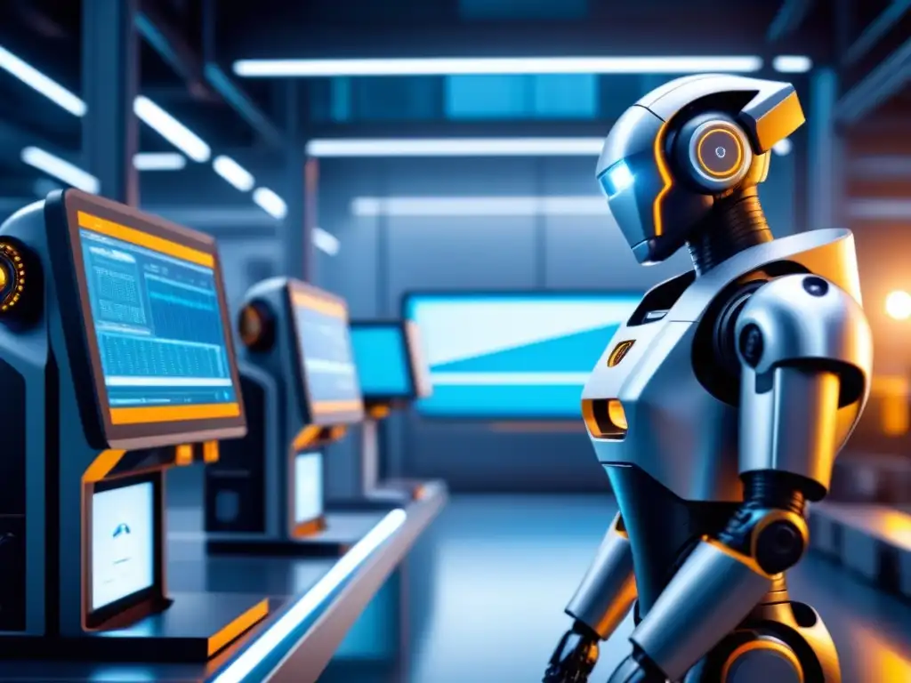 Un mundo futurista donde la inteligencia artificial y los humanos colaboran en una instalación industrial ultramoderna