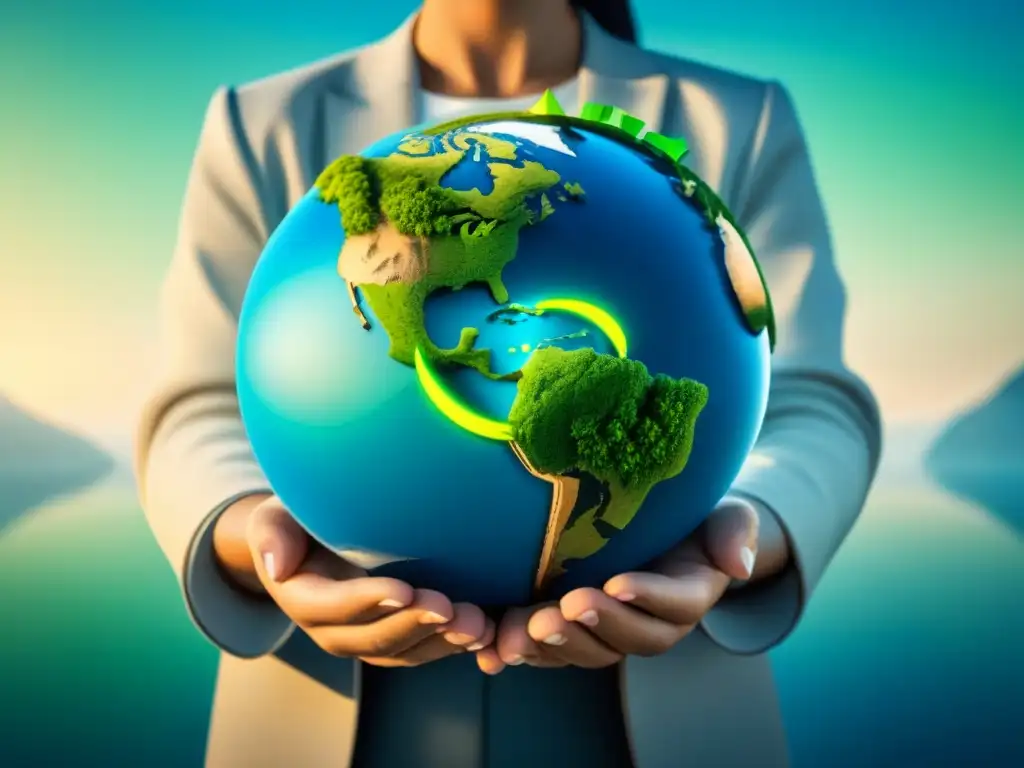 Arte minimalista: Políticas globales para captura de carbono Un mundo unido por políticas globales captura de carbono, ilustrado con flechas verdes y azules