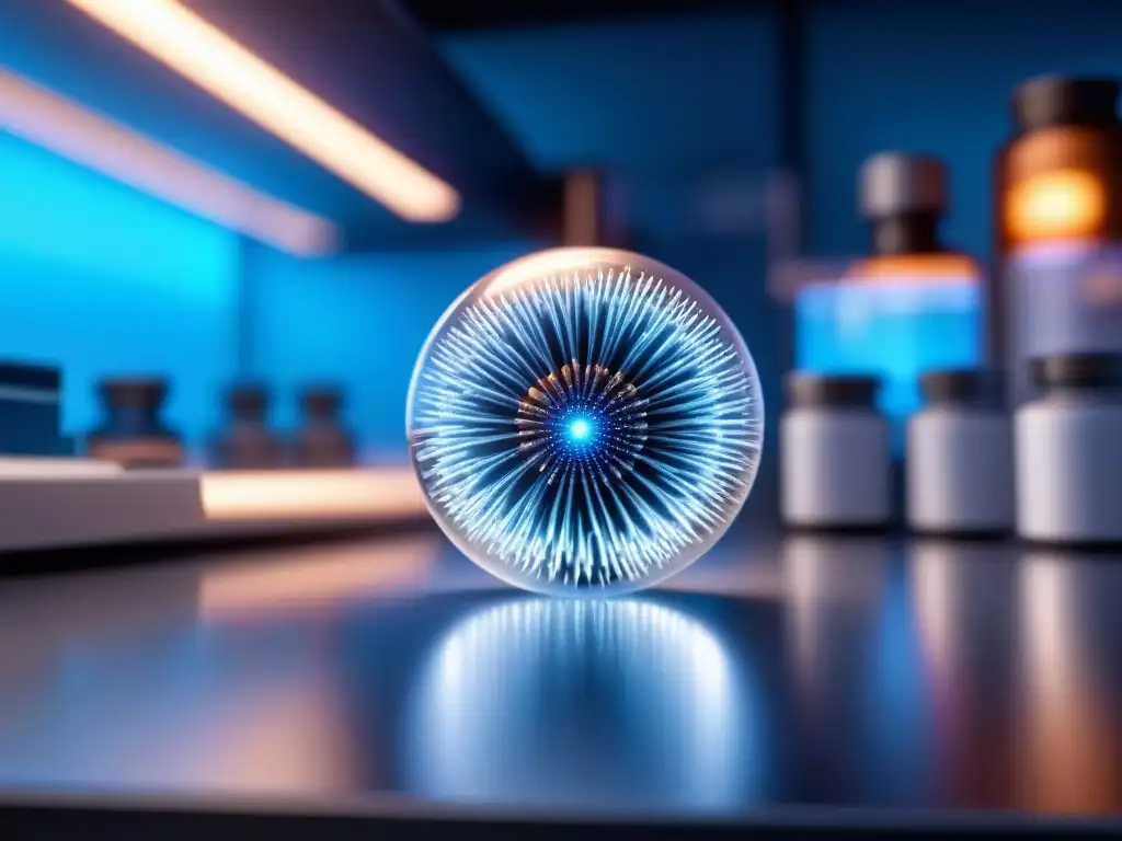 Una nanopartícula magnética en medicina destaca en un laboratorio futurista iluminado en azul