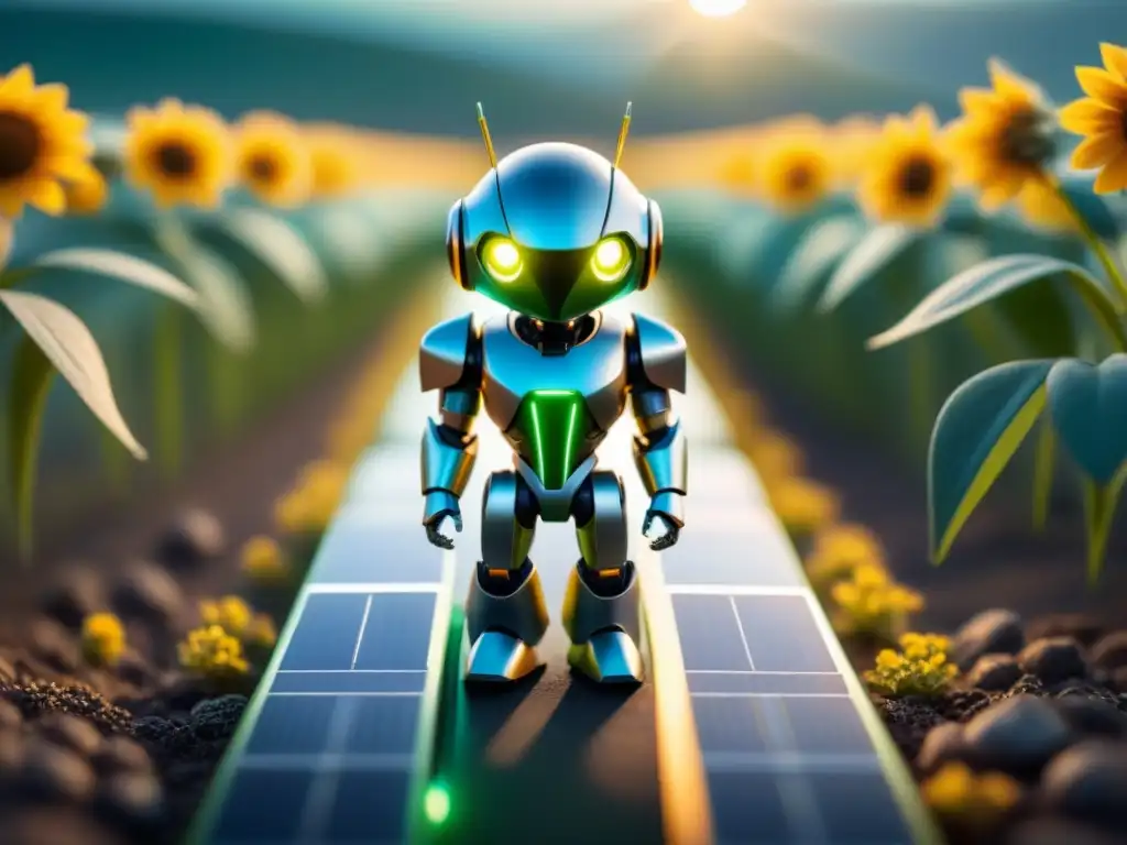 Un nanorobot futurista en un campo de energía verde, manipulando un dispositivo de energía renovable