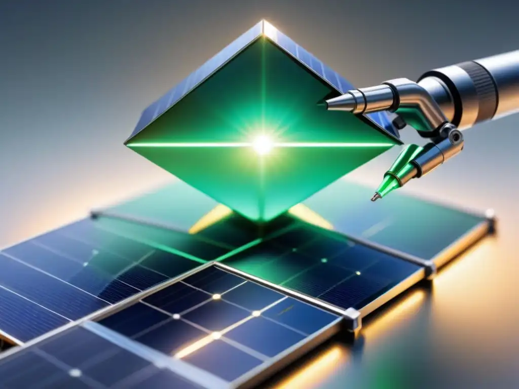 Un nanorobot futurista ensambla un panel solar con precisión, iluminado en verde