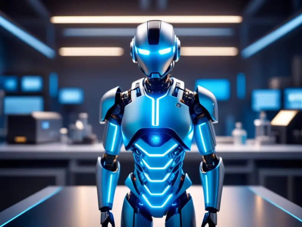 Un nanorobot inteligente y futurista en un laboratorio, resaltando la fabricación avanzada con nanorobots inteligentes