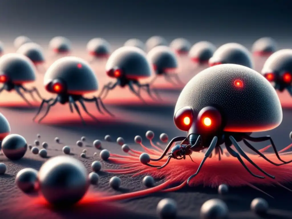 Nanorobots en tratamiento cáncer: Ilustración detallada en blanco y negro de nanorobots combatiendo células cancerosas en el cuerpo humano