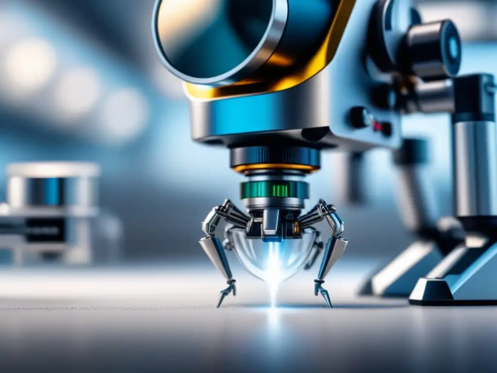 Un nanorrobot plateado ensambla delicados componentes con precisión bajo una lupa en un laboratorio blanco