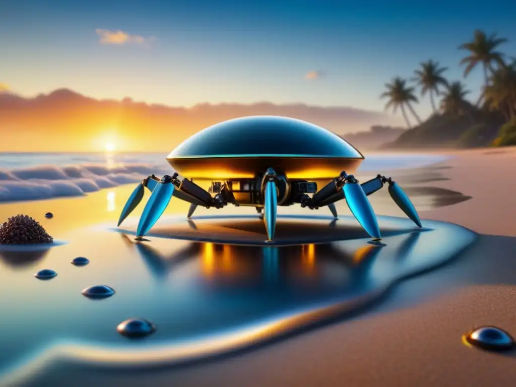 Nanotecnología para descontaminación ambiental: Nanobot futurista limpia derrame de petróleo en playa paradisíaca al atardecer