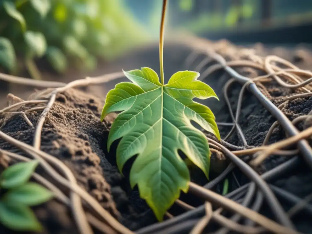 La naturaleza renace: raíces y hojas verdes enredadas, simbolizando la biorremediación en empresas líderes