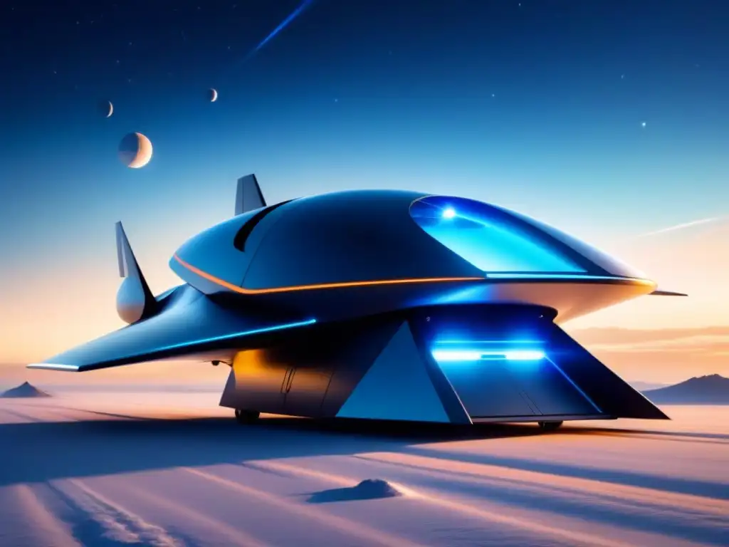 Una nave espacial futurista con propulsión avanzada en un espacio estrellado, simbolizando nuevas fronteras