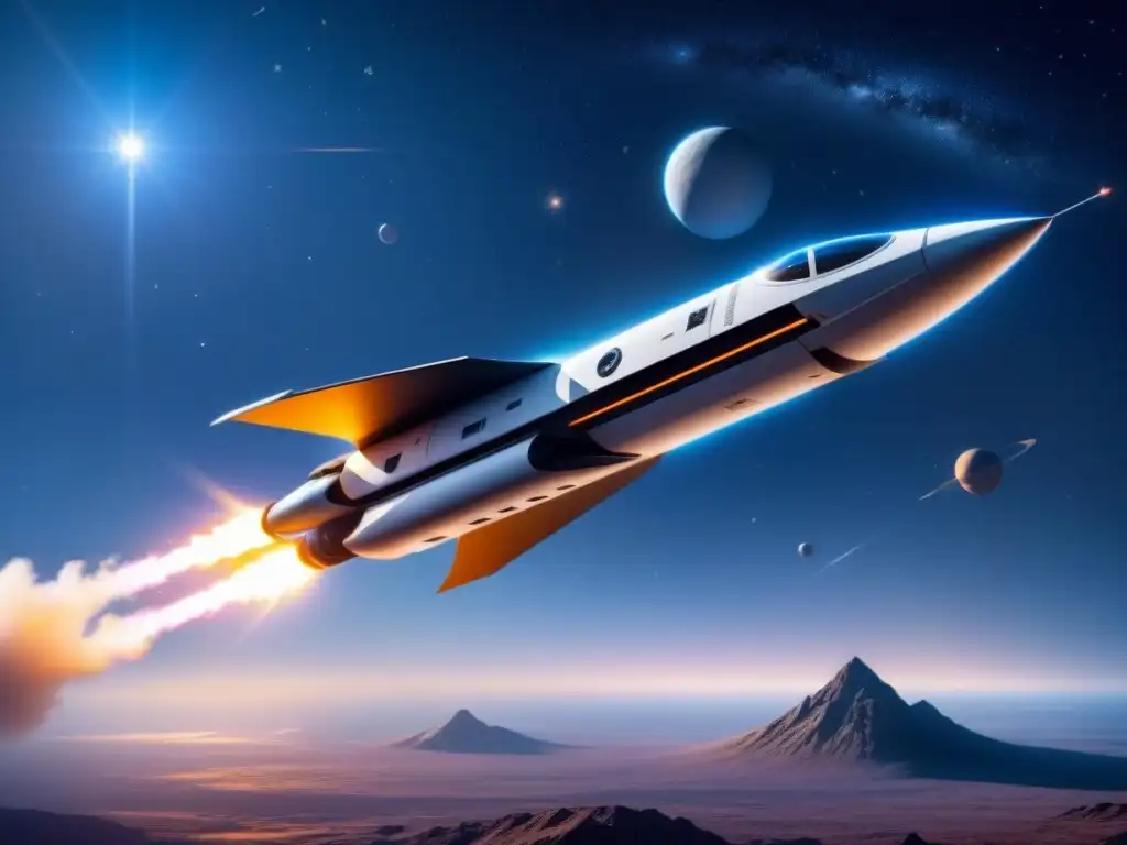 Una nave espacial futurista con propulsión avanzada explorando nuevas fronteras en el cosmos