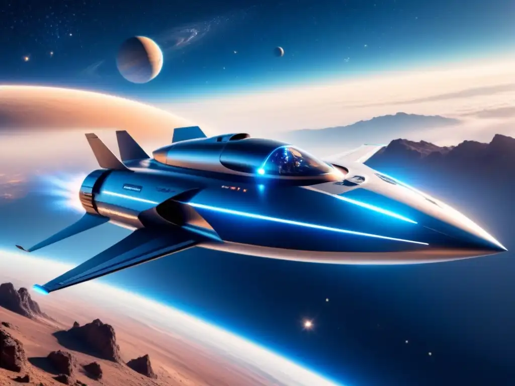 Nave espacial futurista con propulsión avanzada surcando el espacio infinito, tecnología de nuevas fronteras