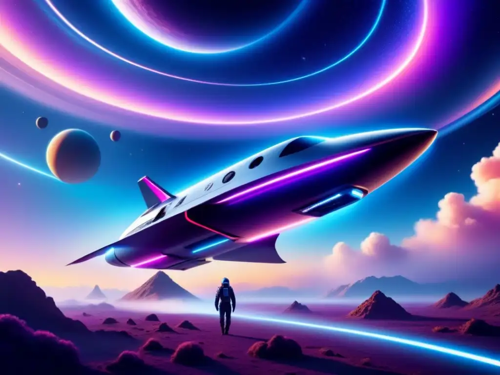 Una nave espacial futurista surca el cosmos entre estrellas y galaxias, simbolizando la propulsión espacial avanzada nuevas fronteras