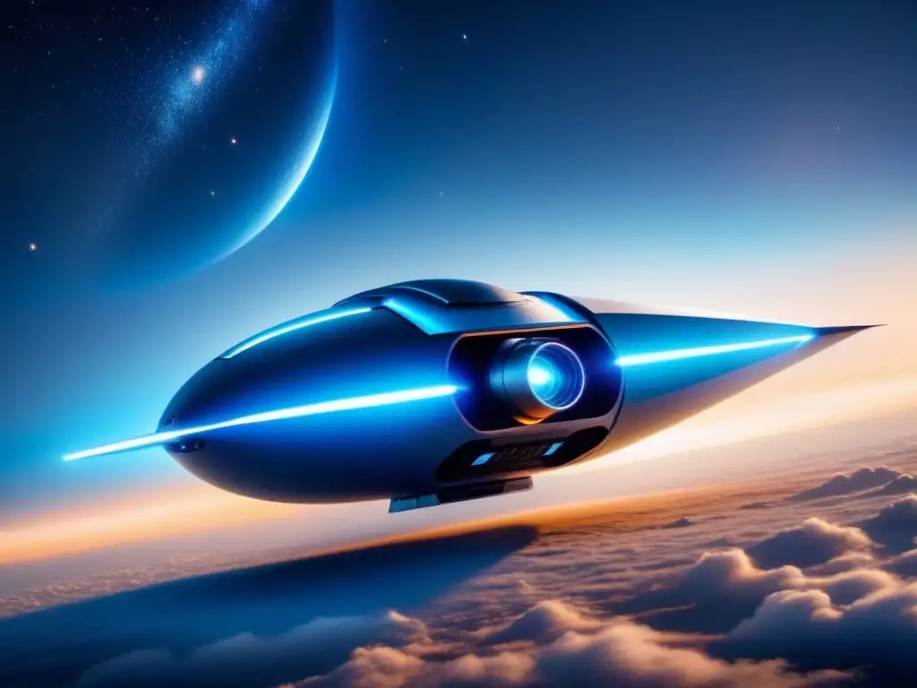 Nave espacial futurista con propulsión espacial avanzada con tecnologías fusionadas surcando el espacio oscuro