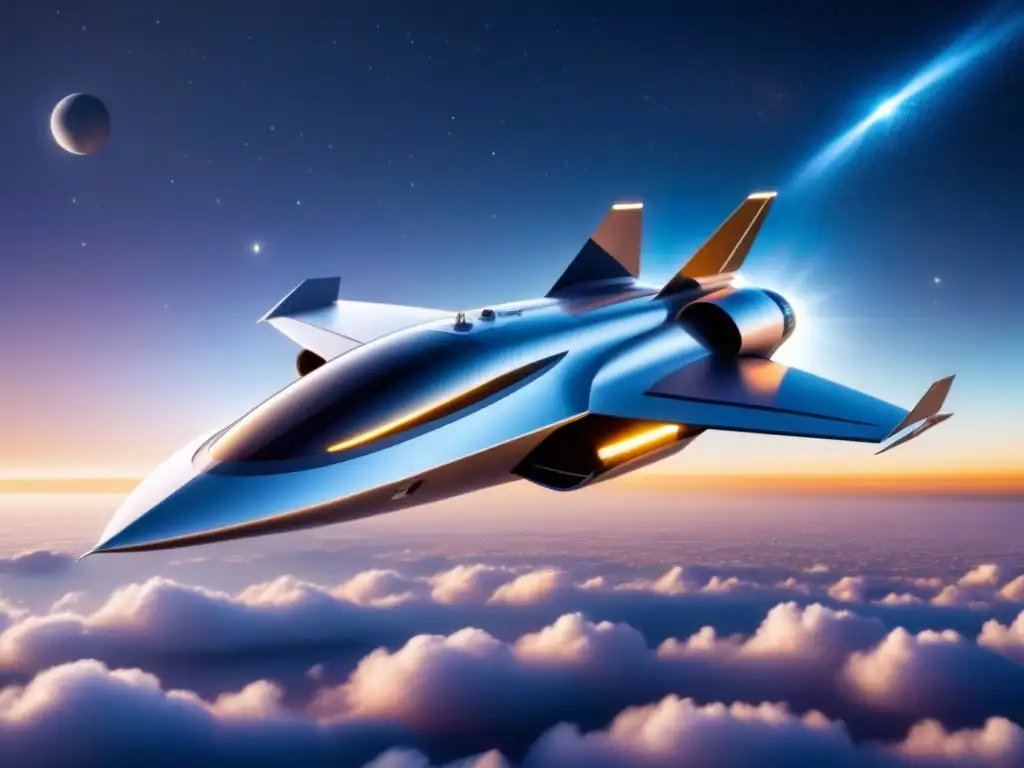 Una nave espacial futurista con nanochips en industria aeroespacial surca un cielo estrellado