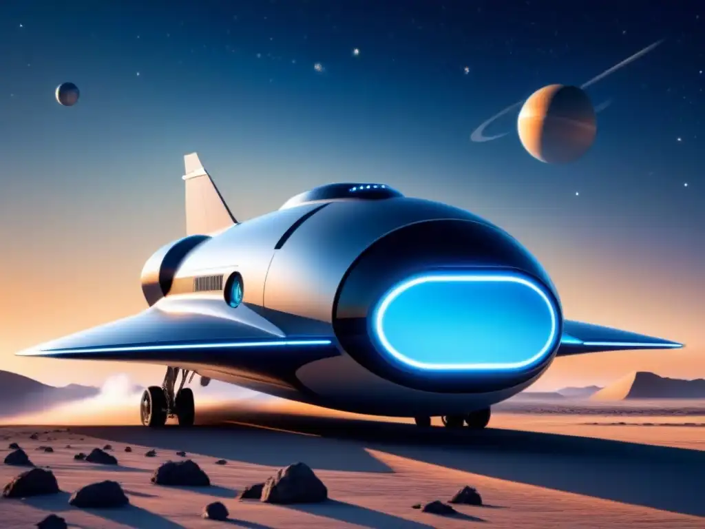 Nave espacial futurista con propulsión innovadora para viajes interplanetarios, destacando diseño y tecnología