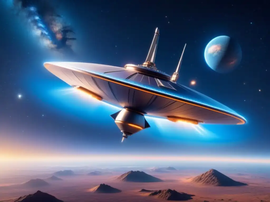 Nave espacial futurista con propulsión iónica explorando el espacio entre estrellas y galaxias