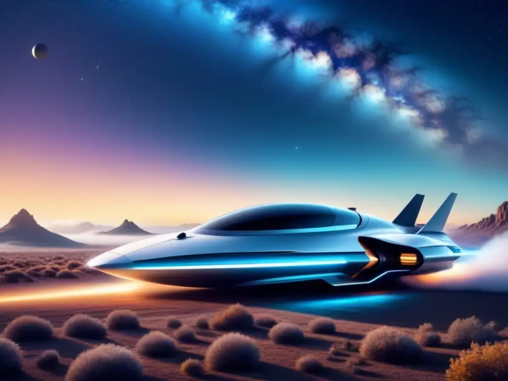 Nave espacial futurista con motor de curvatura explorando el universo entre galaxias y estrellas brillantes