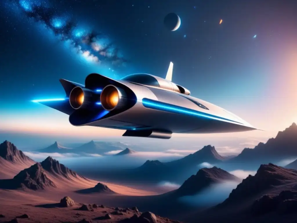 Nave espacial futurista con motor de curvatura azul explorando el universo estelar