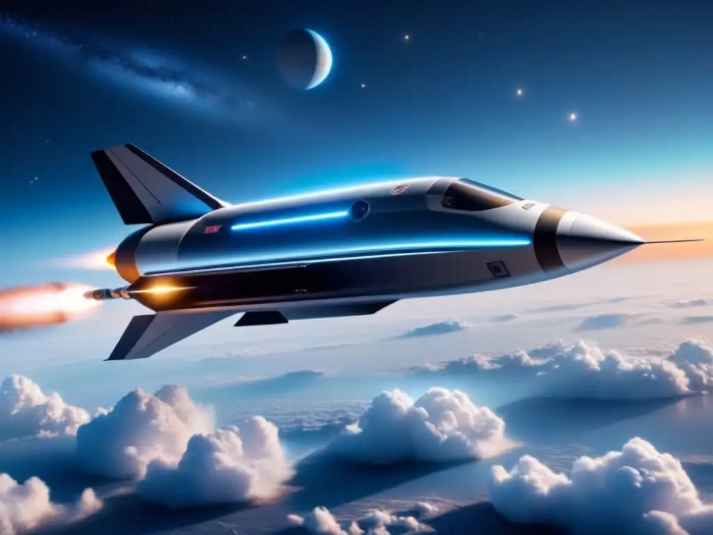 Nave espacial futurista con propulsión nuclear, surcando el espacio entre estrellas