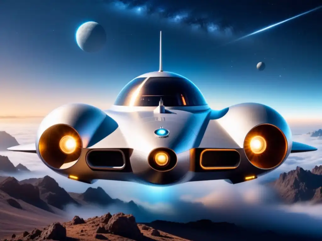 Nave espacial futurista con propulsión nuclear en el espacio, diseño minimalista plateado y tecnología avanzada hacia nuevas fronteras